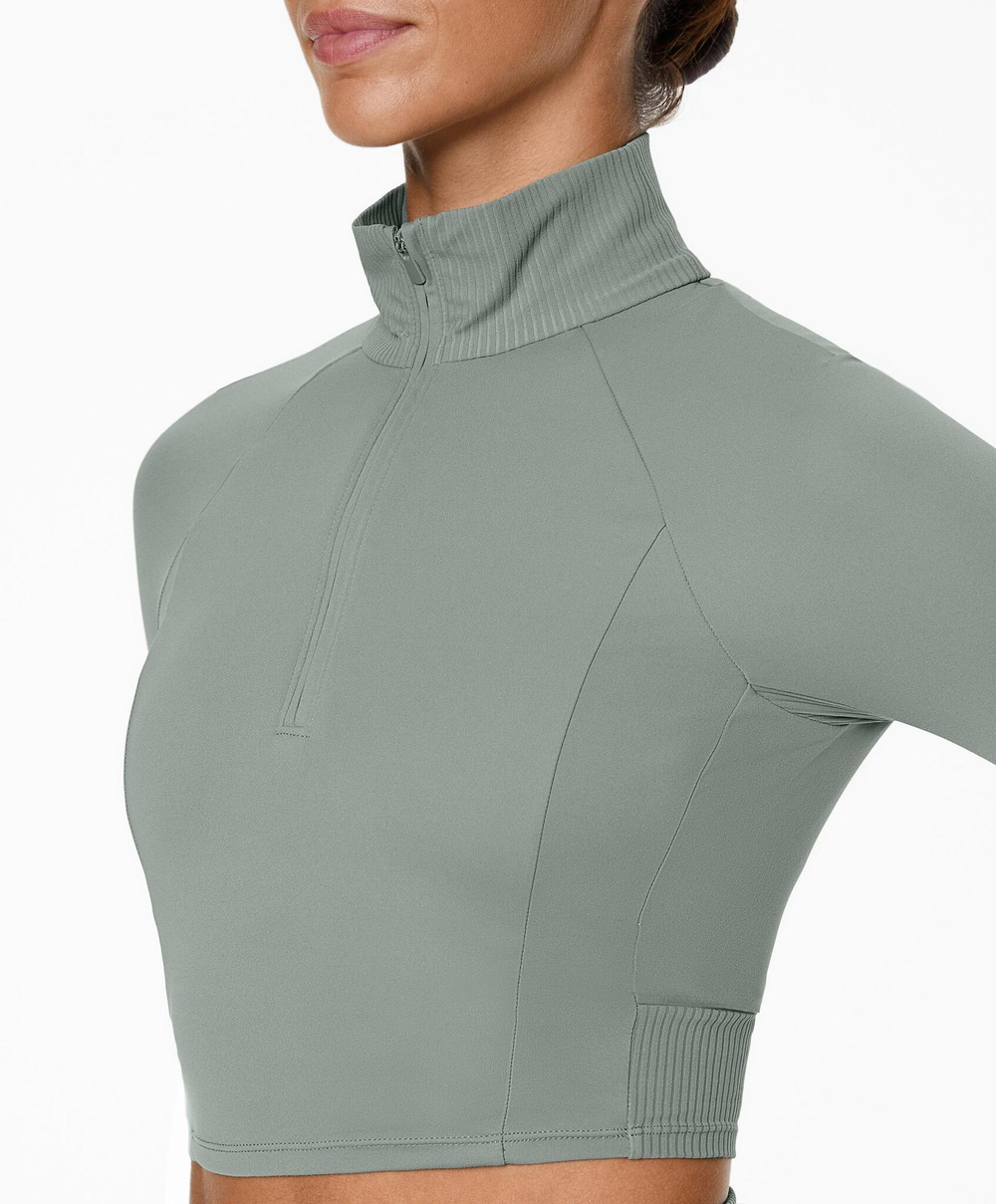 Oysho Короткий лонгслив Comfortlux из ткани в рубчик с застежкой-молнией, серо-зеленый