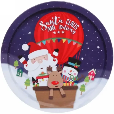 Поднос жестяной 32см «Дед Мороз на воздушном шаре»