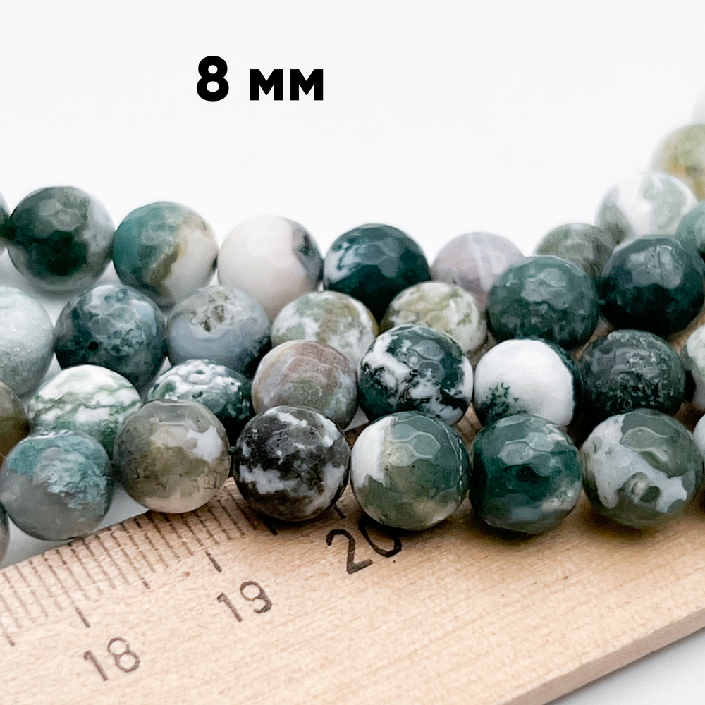 Моховый агат граненый бусины, диаметр около 8,1-8,3 мм, цена за 22-23 шт (1/2 нити)