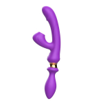 Фиолетовый двусторонний вибромассажер с клиторальным отростком 30см I-Moon MY-229