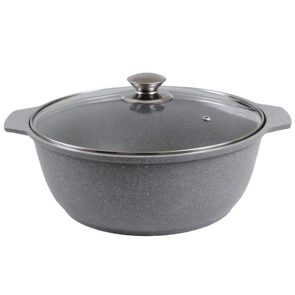 Кастрюля-жаровня алюминевая «Мраморная» 3 л со стеклянной крышкой, литой алюминий, светлый мрамор КМ-жмс32а