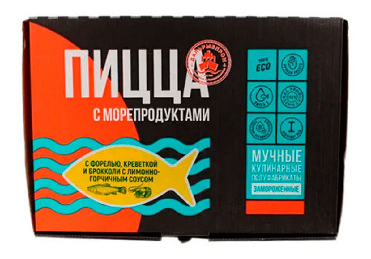 Пицца с форелью, креветкой и брокколи с лимонно-горчичным соусом, 480г