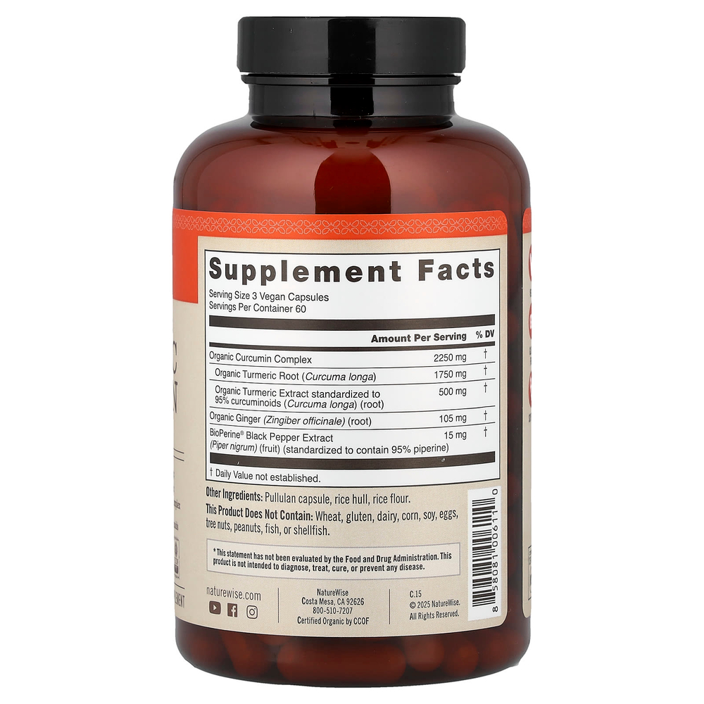 NatureWise, куркумин из органической куркумы, 180 веганских капсул