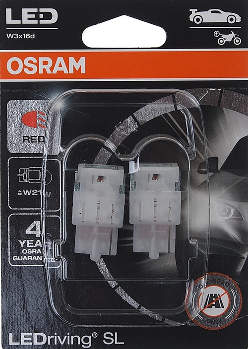 Лампа светодиодная OSRAM W21W Оптимизированное семейство LEDriving SL (3поколение) блистер 2 шт RED