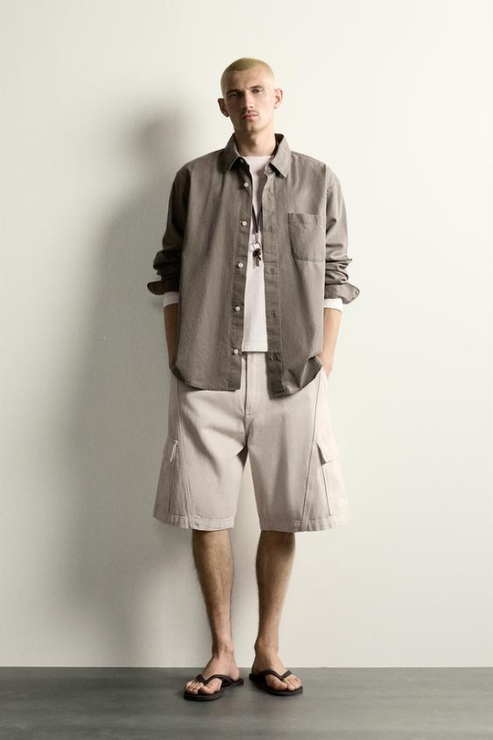 ZARA ШОРТЫ КАРГО RELAXED FIT СО ШВАМИ, КАМЕННО-СЕРЫЙ