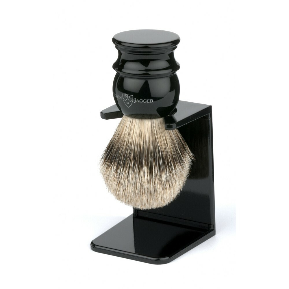 Edwin Jagger Large Black Silver Tip 3EJ466LDS - Помазок черная смола барсучий ворс с подставкой