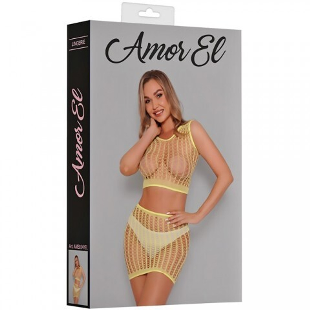 Комплект эротический: топ и юбка из ажурной сетки Amor El, желтый, S/L