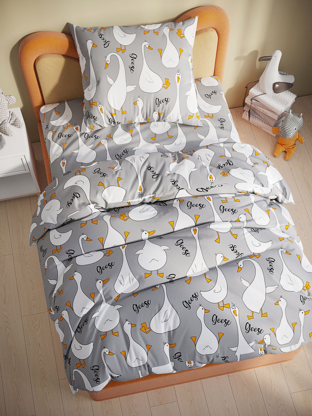 Наволочка комплект 2шт поплин Сказка "Гуси на сером" 70x70 см на молнии