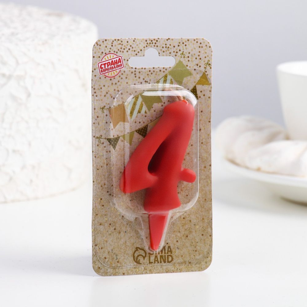 Свеча для торта цифра "Овал" "4", красная, 5,5 см