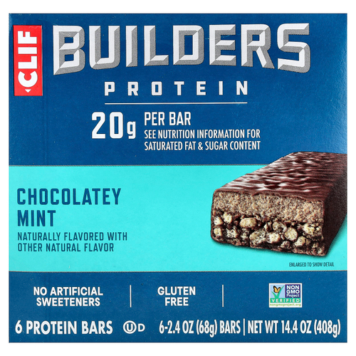 Clif Bar, Builders Protein Bar, Chocolatey Mint, 6 Bars, 2.4 oz (68 g) Each