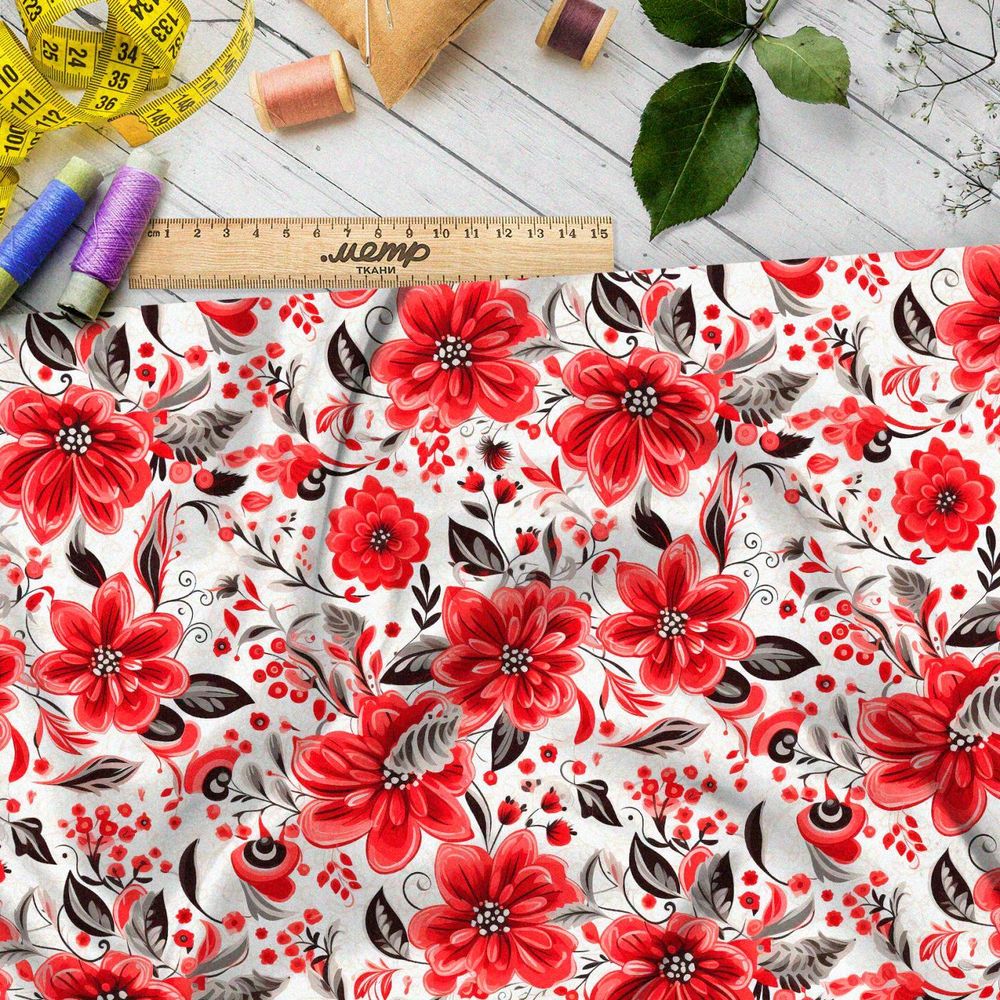 Ткань премиум таффета красная цветочная иллюстрация