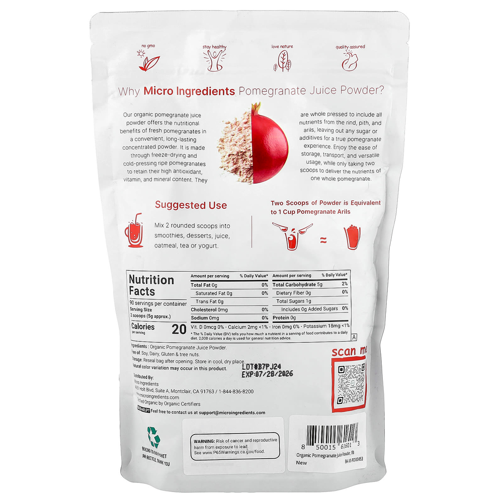 Micro Ingredients, Органический порошок из сублимированного гранатового сока, 454 г (1 фунт)