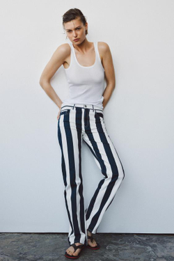 ZARA ДЖИНСЫ ПРЯМОГО КРОЯ В ПОЛОСКУ — ZW COLLECTION, БЕЛЫЙ/МОРСКОЙ СИНИЙ