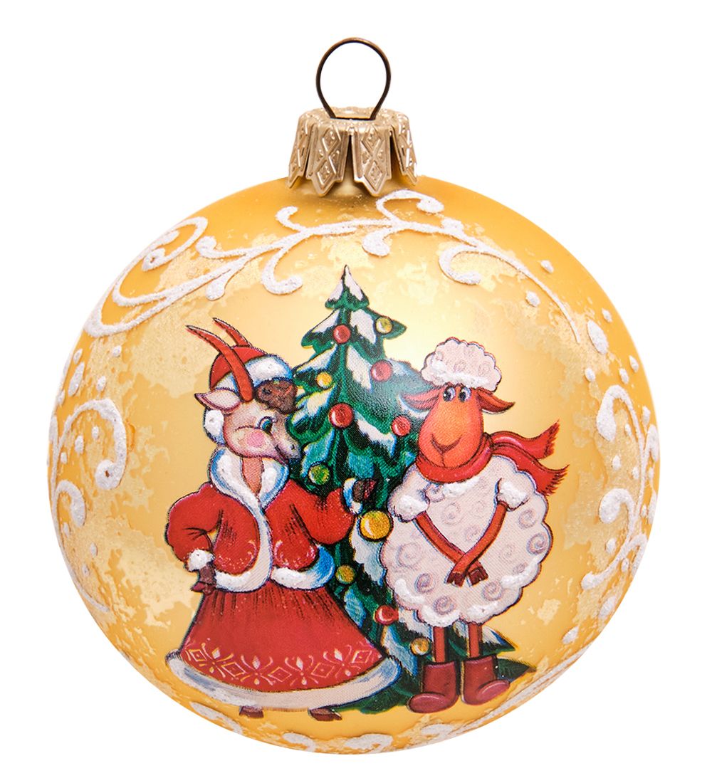 НФШ-1517 Ел.украшение Шар «Козочка и барашек у ёлки» 85 мм