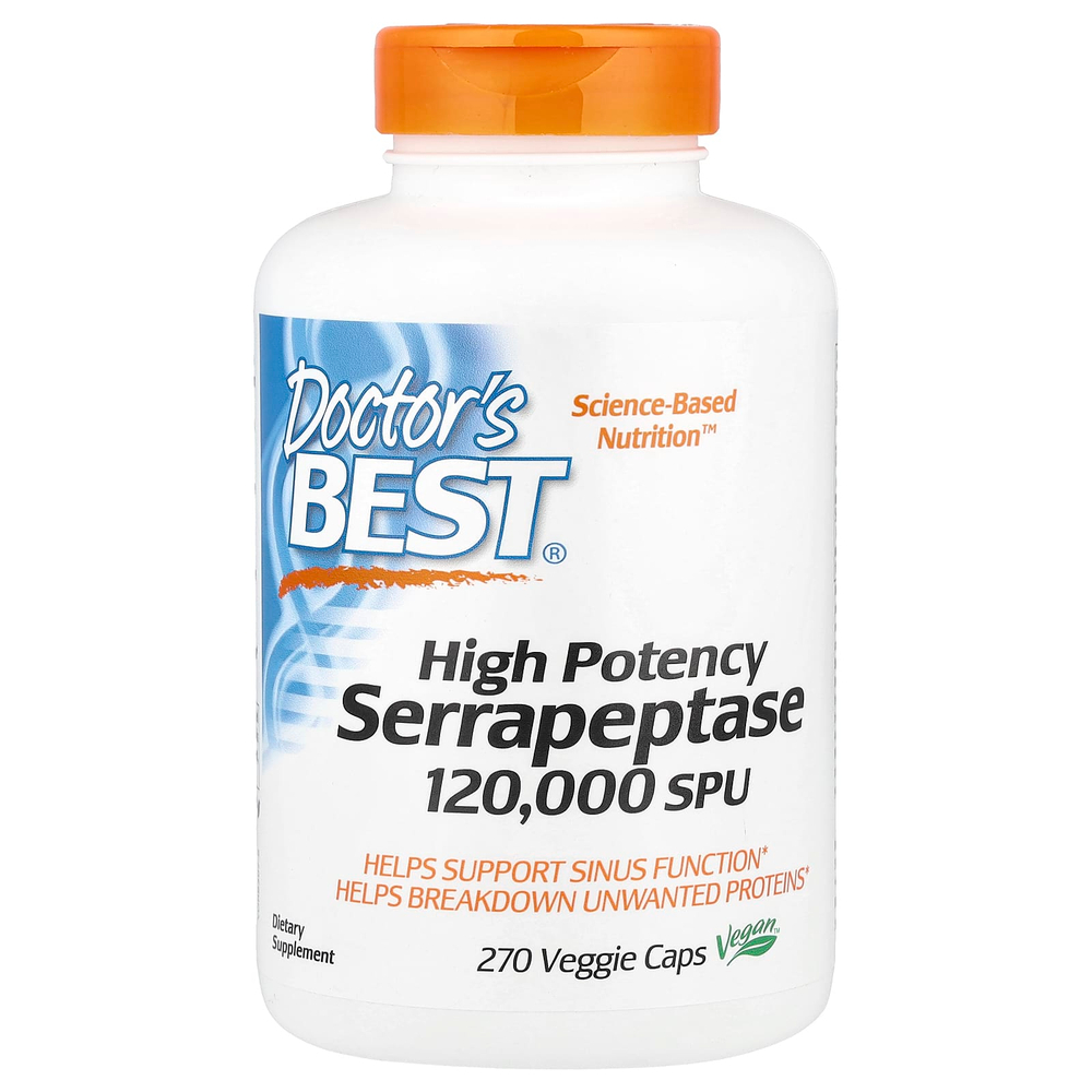 Doctor's Best, высокоэффективная серрапептаза, 120 000 SPU, 270 растительных капсул