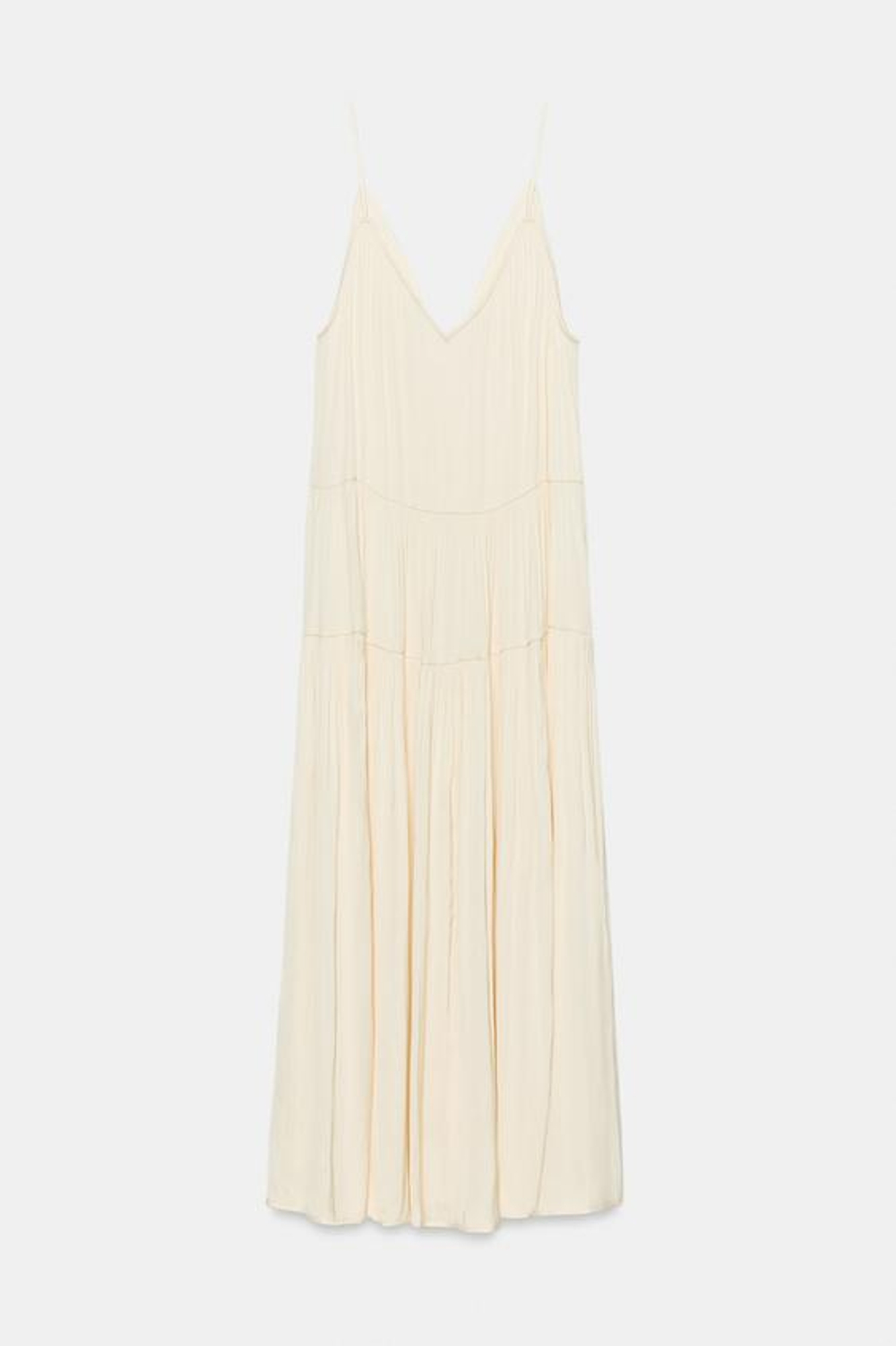 ZARA ДЛИННОЕ АТЛАСНОЕ ПЛАТЬЕ СО СБОРКАМИ, ЭКРЮ