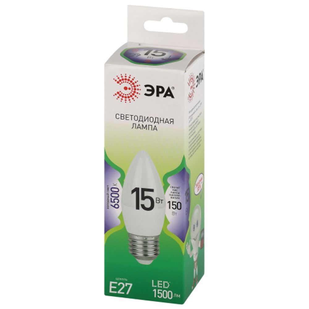 Лампа светодиодная ЭРА GREEN LINE LED B35-15W-865-E27 GL 15Вт свеча холодный свет E27 | Лампы cветодиодные Свеча (B/C)