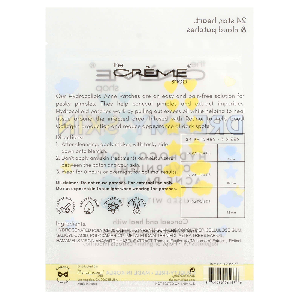 The Creme Shop, Dreamy Skin, гидроколлоидные ночные патчи от акне, звезда, сердце и облака, 24 шт.