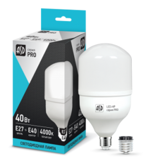 Лампа светодиодная LED- HP-PRO  40Вт 220В Е27 с адаптером Е40 4000К 3600Лм ASD  РАСПРОДАЖА