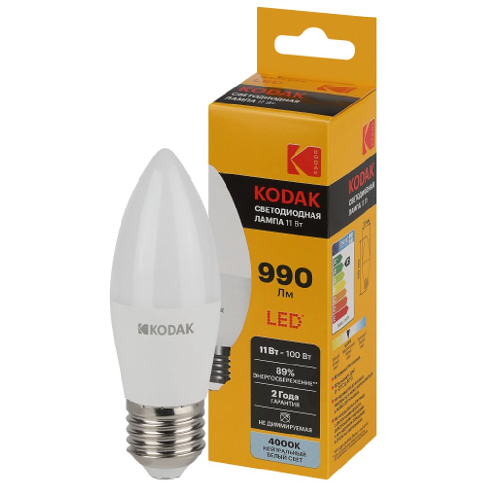 Лампа светодиодная Kodak LED B35-11W-840-E27 K 11Вт свеча нейтральный белый свет Е27 | Лампы cветодиодные Свеча (B/C)