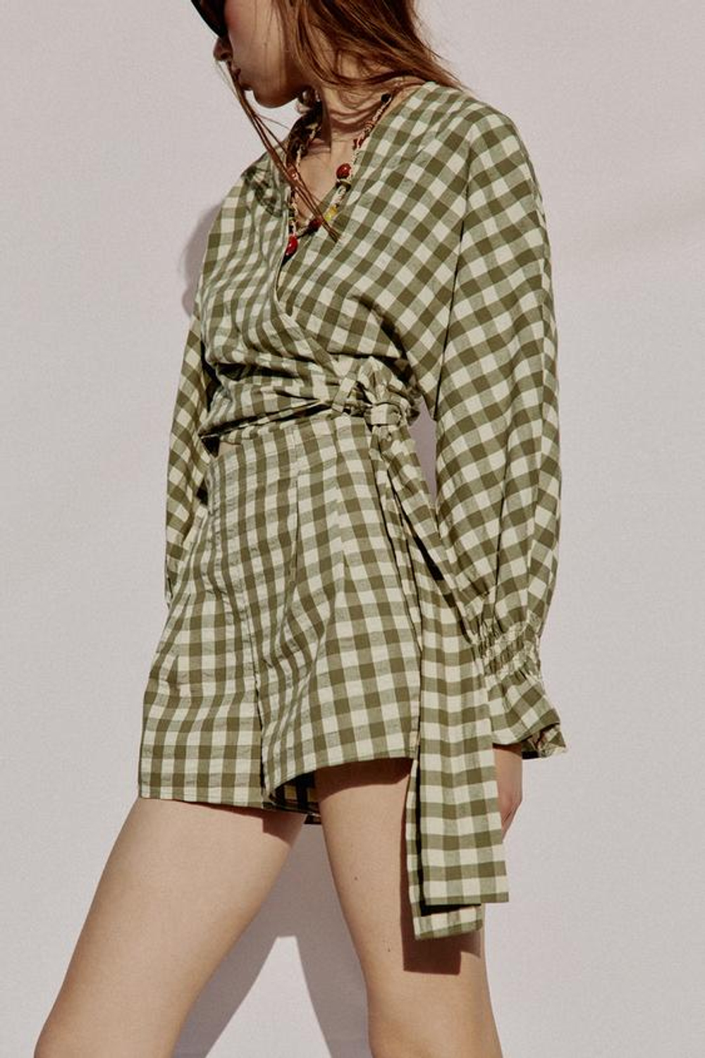 ZARA ШОРТЫ В КЛЕТКУ ВИШИ, МЯГКИЙ ЗЕЛЕНЫЙ