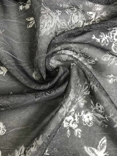 Органза вискоза, серый темный, жаккард цветы, деворе