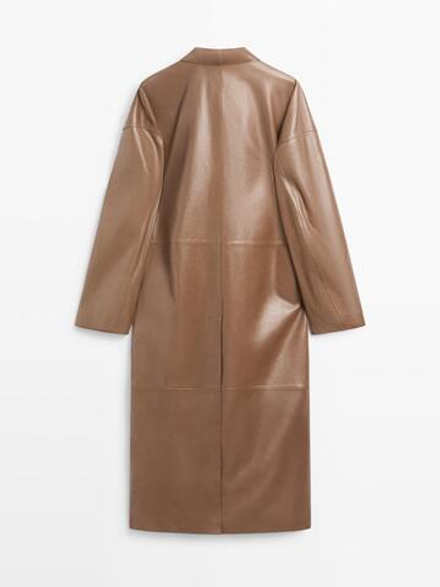 Massimo Dutti Длинное пальто из кожи наппа - Limited Edition, коричневый