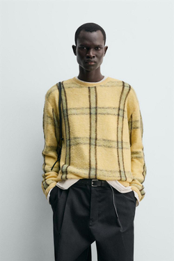 ZARA ЖАККАРДОВЫЙ СВИТЕР СВОБОДНОГО КРОЯ В ПОЛОСКУ, ЖЕЛТЫЙ