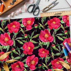 Ткань шелк Армани насыщенные красные цветы на чёрном фоне