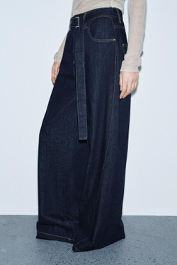ZARA ДЖИНСЫ WIDE LEG С ВЫСОКОЙ ПОСАДКОЙ И РЕМНЕМ — ZW COLLECTION, СИНИЙ