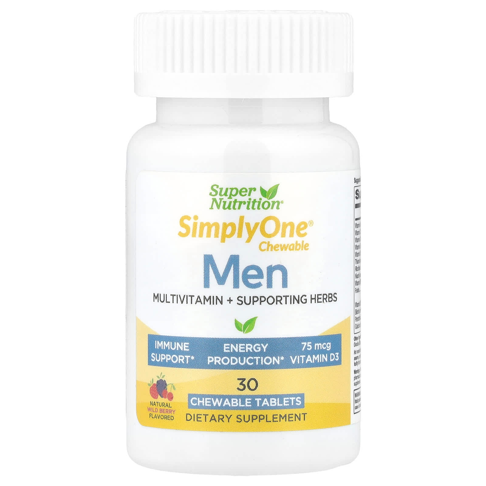 Super Nutrition, SimplyOne®, мультивитамины и поддерживающие травы для мужчин, с витаминами A и C, смесью органических цельных продуктов и растений, со вкусом лесных ягод, 30 жевательных таблеток