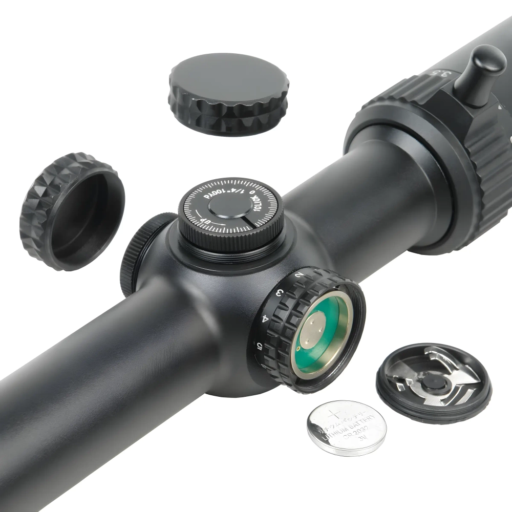 Прицел оптический Veber Wolf 1.25-5x26 IR H08 - вид сбоку с комплектующими, монеты