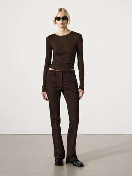 Massimo Dutti Футболка из смесовой шерсти с длинными рукавами, коричневый