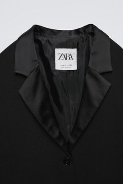 ZARA БЛЕЙЗЕР OVERSIZE С АТЛАСНЫМ ВОРОТНИКОМ, ЧЕРНЫЙ