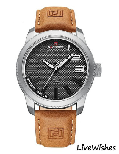 Часы наручные кварцевые NAVIFORCE на кожаном ремешке, серебристый/коричневый W8950-01