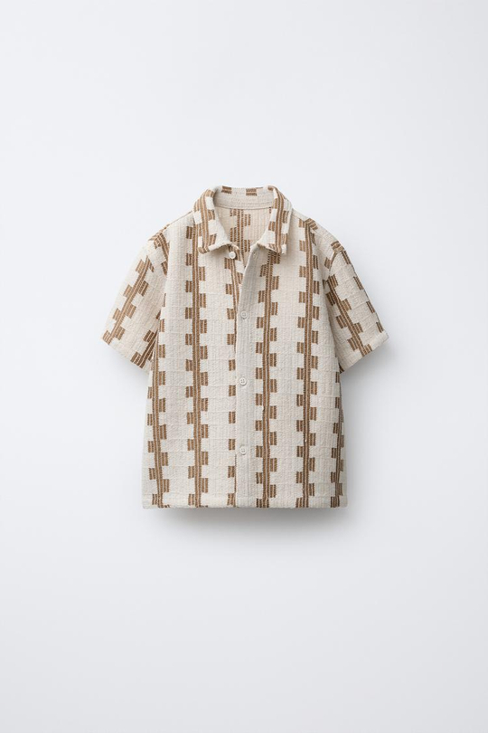 ZARA РУБАШКА С КОНТРАСТНЫМ ПРИНТОМ, СВЕТЛО-БЕЖЕВЫЙ