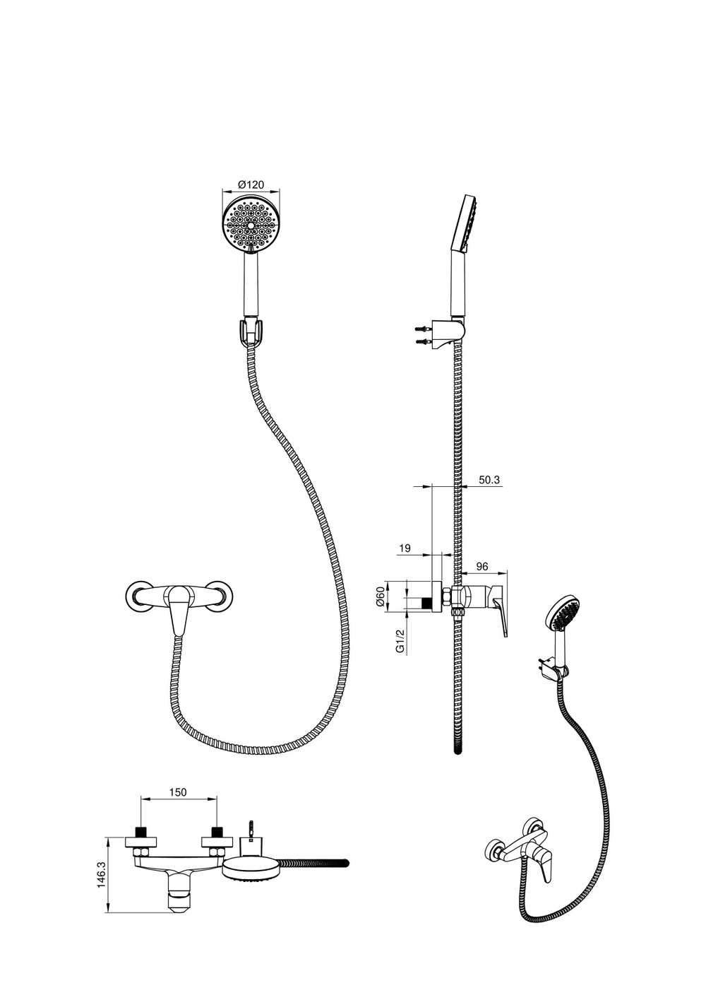 Смеситель для душа WONZON & WOGHAND ALFA, Темный графит (WW-AE3102-BGG)