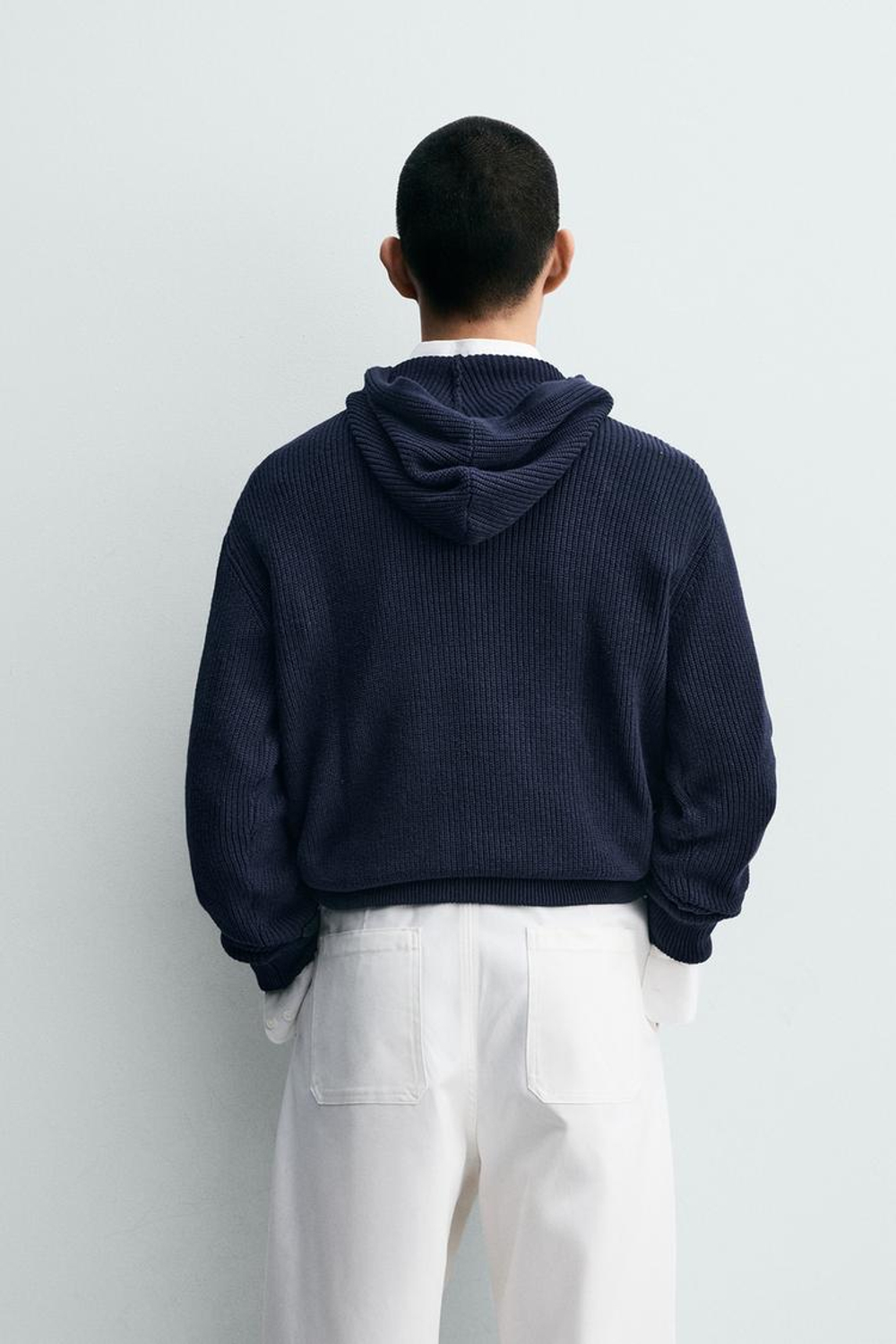 ZARA СВИТЕР ИЗ ХЛОПКА И ШЕРСТИ С КАПЮШОНОМ, МОРСКОЙ СИНИЙ