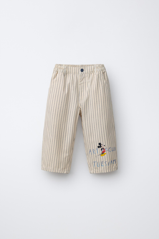 ZARA БРЮКИ RELAXED CANVAS MICKEY MOUSE © DISNEY, ЭКРЮ/ТЕМНО-СИНИЙ
