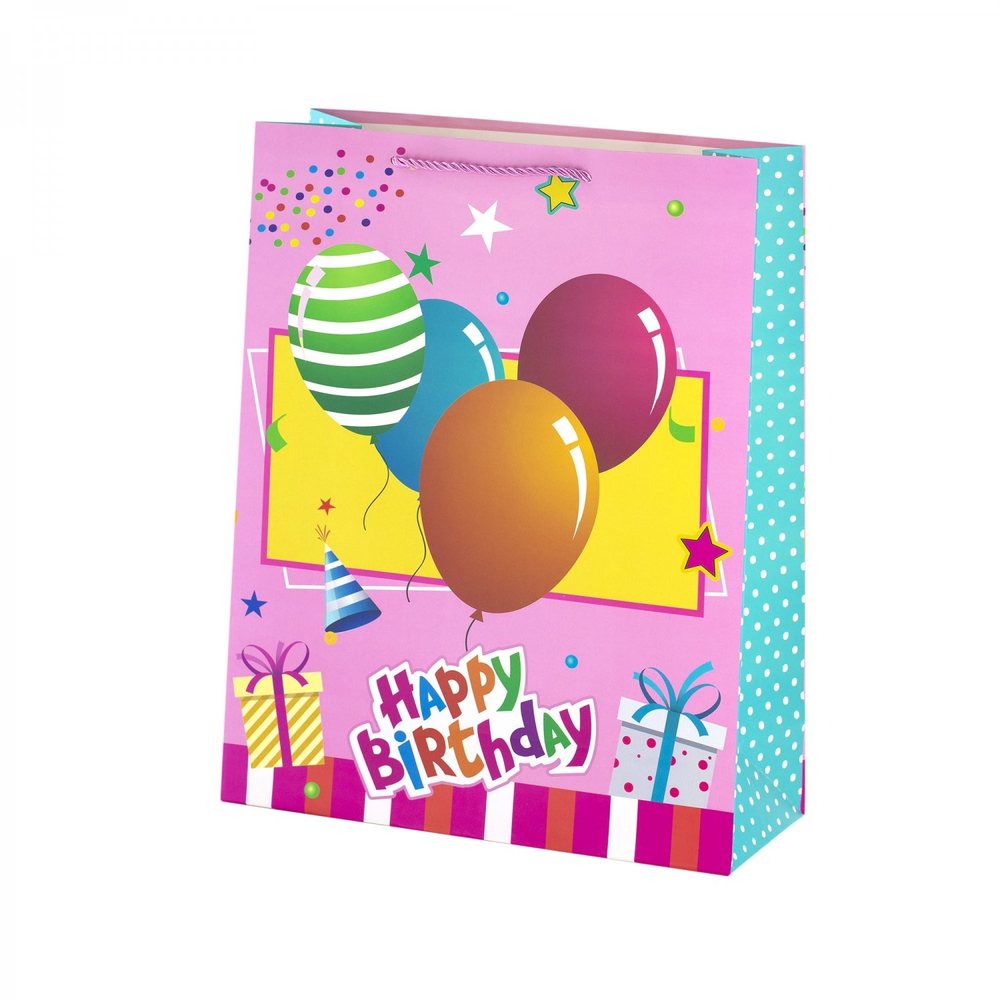 Пакет подарочный бумажный Alingar, (L+) 26х32х10 см, вертикальный, "С днем рождения", матов. ламинация, ассорти