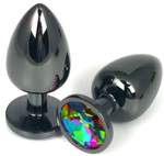 Черная металлическая анальная пробка с разноцветным стразом - 9 см. (Цвет: разноцветный)