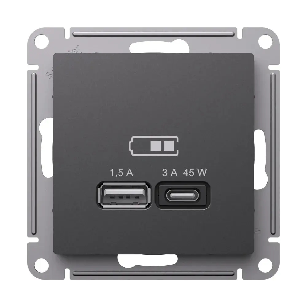 ATLASDESIGN USB РОЗЕТКА A + тип-C 45Вт высокоскор.заряд. QC, PD, механизм, БАЗАЛЬТ