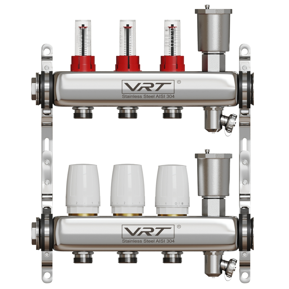 Коллекторная группа VRT® 1'' х 3/4'' (евроконус)  3 вых, авт в/отвод, отсеч клапан, c расходомерами