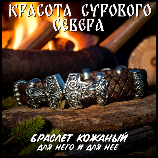 Браслет "Скандинавия" мельхиор , кожаный шнур
