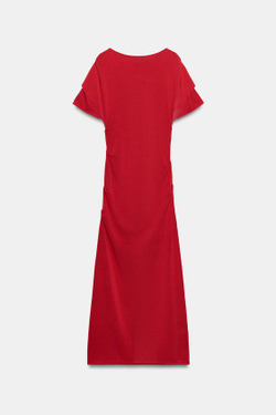 ZARA ТРИКОТАЖНОЕ ПЛАТЬЕ МИДИ СО СБОРКАМИ, КРАСНЫЙ