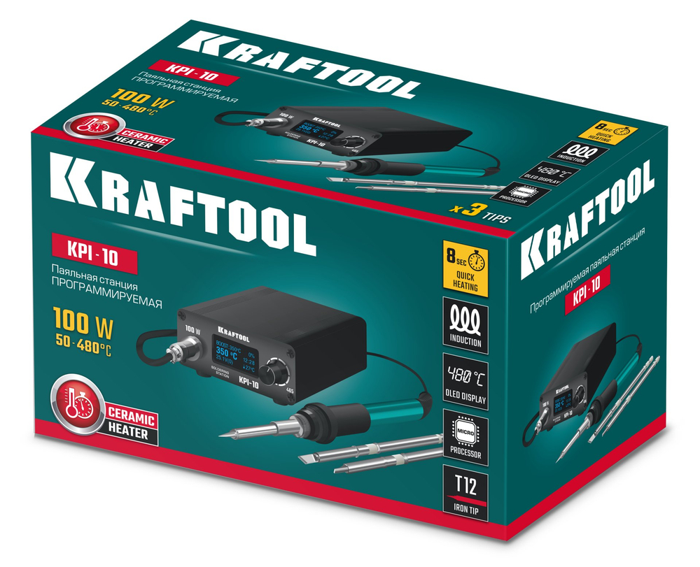 KRAFTOOL KPI-10, 50 - 480°C, 100 Вт, 3 жала Т12, программируемая паяльная станция (55343)