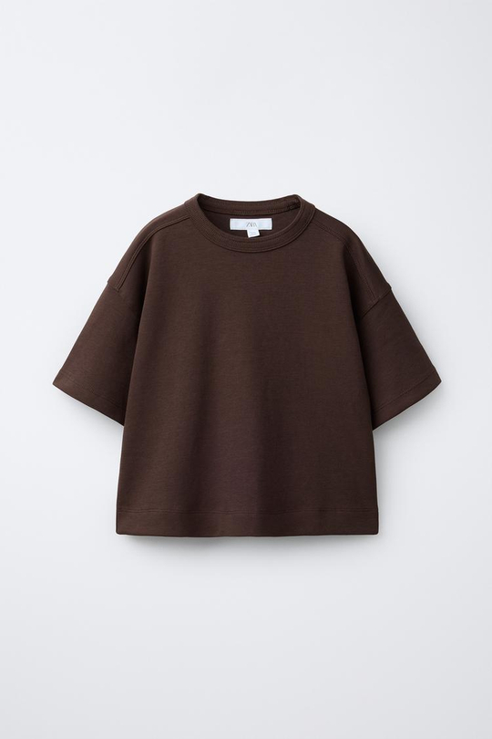 ZARA БАЗОВАЯ ФУТБОЛКА ИЗ ИНТЕРЛОКА, КОРИЧНЕВЫЙ