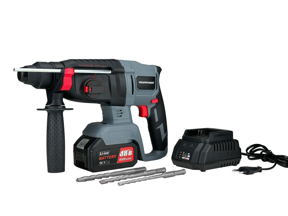 Аккумуляторный беcщеточный перфоратор PROFIPOWER MKDHR-18V (18В,Li-ion-1шт, 4.0Ач, 1,9Дж, 3 режима,буры-3шт, З/У, в кейсе)