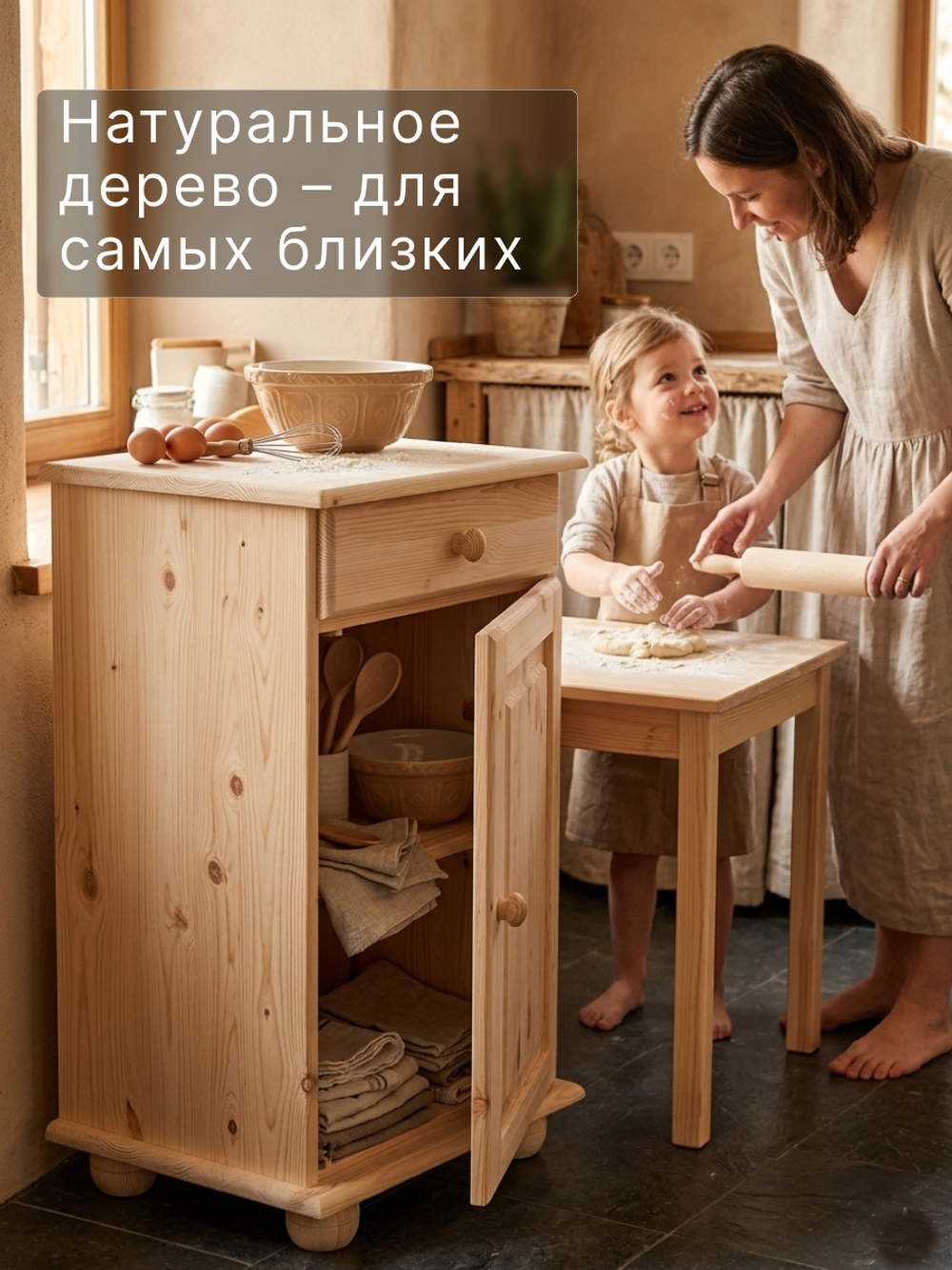Тумба, 48х39х81, Лена, однодверная, из массива дерева, с ящиком, буфет для кухни, лак, Dipriz
