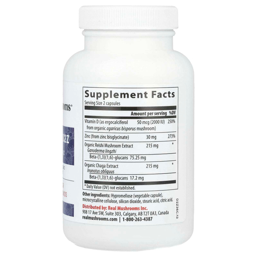 Real Mushrooms, Mushroom D2Z, D2 / бета-глюкан / цинк, 120 капсул